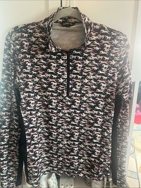 Kerrits womens  Maroon, Black, Tan & White Horse-Print ridingQuarter-Zip shirt